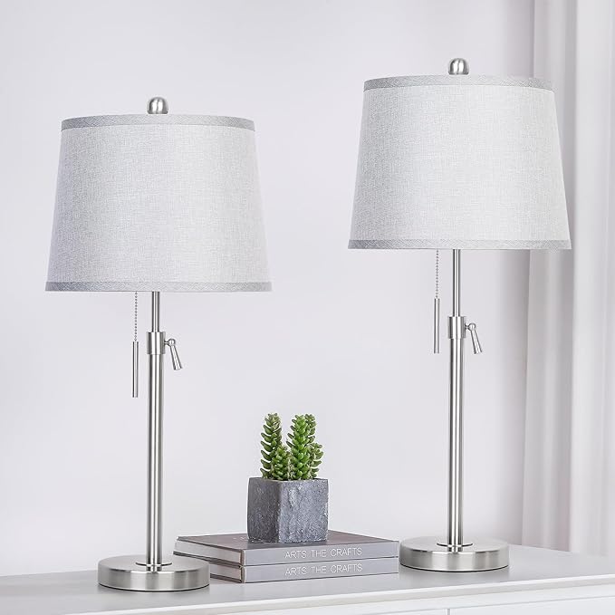 Table Lamps Set of 2, Bedside Lamp Silver Tall Table Lamps for Living Room End Tables, 22" to 30" Adjustable Height Lamp for Bedroom Nightstand Farmhouse with Pull Chain(Bulbs Included)