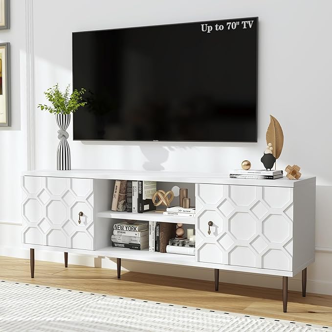 Modern TV Stand for 65/70inch TV, Entertainment Center with Storage Cabinet and Open Shelves, Embossed Pattern TV Stand, TV and Media Console for Living Room, Bedroom, White