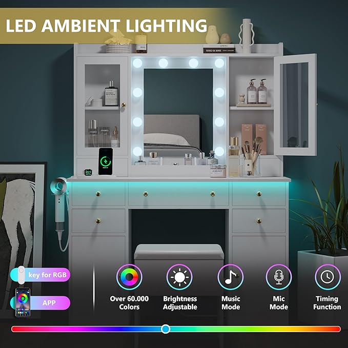 Makeup Vanity Desk with Mirror and Lights, White Vanity Table Set with Storage Drawers, Charging Station, Cabinets & Chair, Large Dressing Table with RGB Ambient Light for Women Girls Bedroom Bathroom