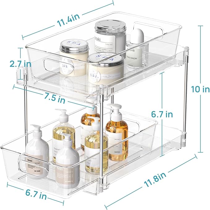 Vtopmart 4 Pack Bathroom Organizer, 2 Tier Clear Under Sink Organizers Vanity Countertop Storage Container,Cabinet Drawers Bins, Pull-Out Organization with Track for Pantry, Kitchen
