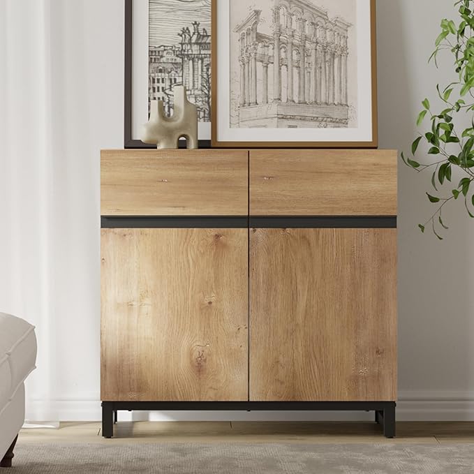 Wampat Modern TV Stand for 40 inch TVs, Entertainment Center Console with Adjustable Shelves and Metal Base for Living Room, Bedroom, Oak