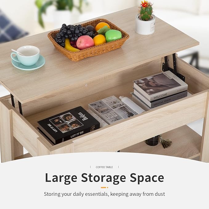 FDW Lift Top Coffee Table with Lift Tabletop Hidden Compartment and Storage Shelf Wooden Living Room Table for Home Reception Room Office,Grey