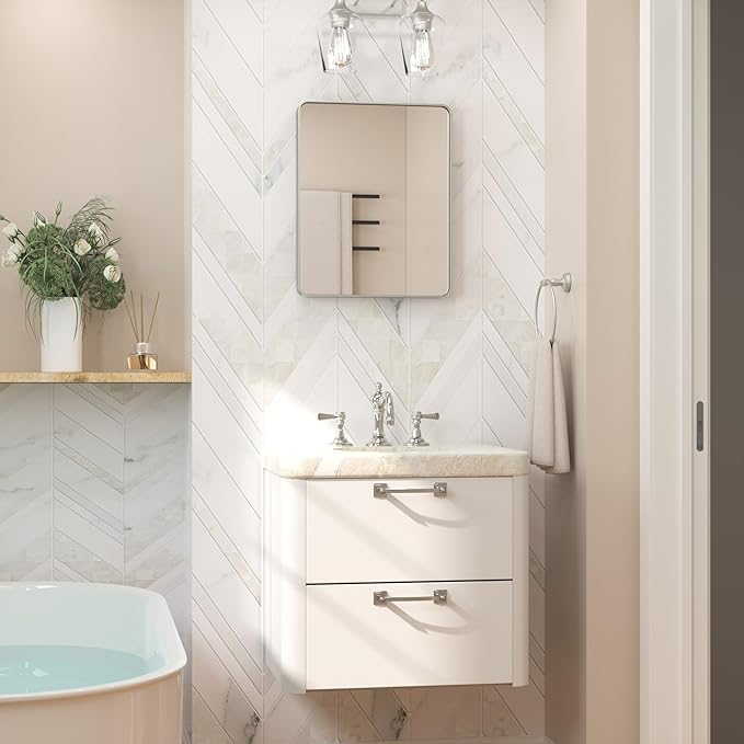 Keonjinn 16 x 20 Inch Brushed Nickel Bathroom Mirrors for Over Sink, Rounded Rectangle Silver Bathroom Vanity Mirror, Metal Framed Farmhouse Mirror for Wall, HD Tempered Glass(Horizontal/Vertical)