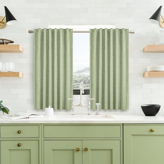 100% Linen Blackout Curtains for Bedroom 45 Inches Long, Back Tab/Rod Pocket Kitchen Drapes, Thermal Insulated Textured Blackout Curtains 2 Panels Set, 52" W x 45" L, Sage Green
