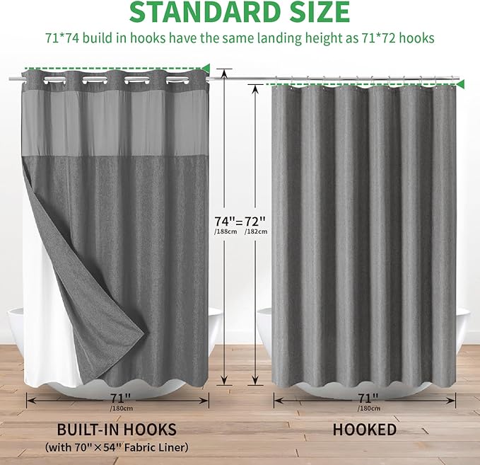 No Hooks Needed Linen Textured Shower Curtain with Snap-in Fabric Liner Set,Hotel Luxury Decor Waterproof Shower Curtains for Bathroom with Mesh Top Window,Washable,71Wx74H,Charcoal Grey