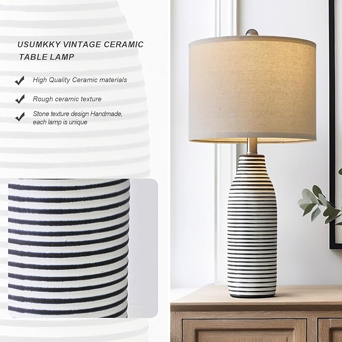 25" Ceramic Table Lamps Set of 2 Beside Lamps for Living Room Modern Bedroom Lamps for Night Stands with Rotary Switch Black and White Stripes