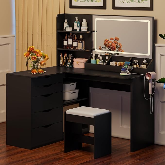 JUMMICO Makeup Vanity Desk with Mirror and Lights, L- Shaped Vanity, Modern Vanity Table with 5 Drawers & Adjustable Shelves, Power Outlet with Fast Charging, for Bedroom (Black)