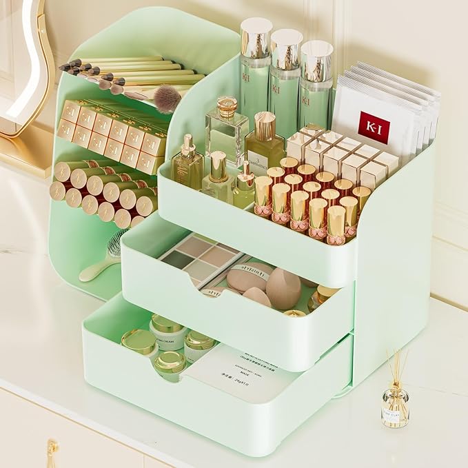 Makeup Organizer with Drawers,Large Capacity Countertop Organizer for Vanity,Bathroom and Bedroom Desk Cosmetics Organizer,Easy To Storage Skincare,Brushes, Eyeshadow,Lipstick (All Green, Large)