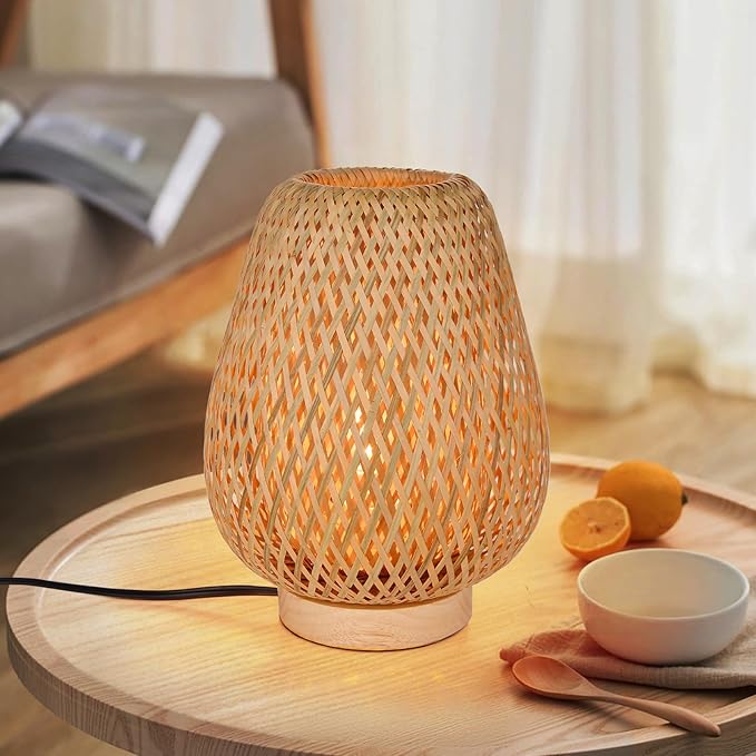Bamboo Weaving Table Lamp with Handmade Natural Wooden Base, Eye-Caring Bedroom Bedside Night Light, Retro Desk Lamp Reading Light Home Decor, Unique Handicraft House Warmging Gift
