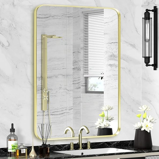 Wall Mount Mirror for Bathroom, Brushed Gold Metal Framed Rounded Corner Rectangular Vanity Mirror (24" x 30", Gold)
