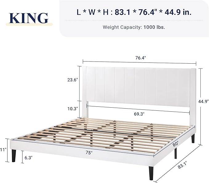 Allewie King Bed Frame/Velvet Upholstered Bed Frame with Vertical Channel Tufted Headboard/Strong Wooden Slats/Platform Bed Frame/Mattress Foundation/Box Spring Optional/Easy Assembly/White