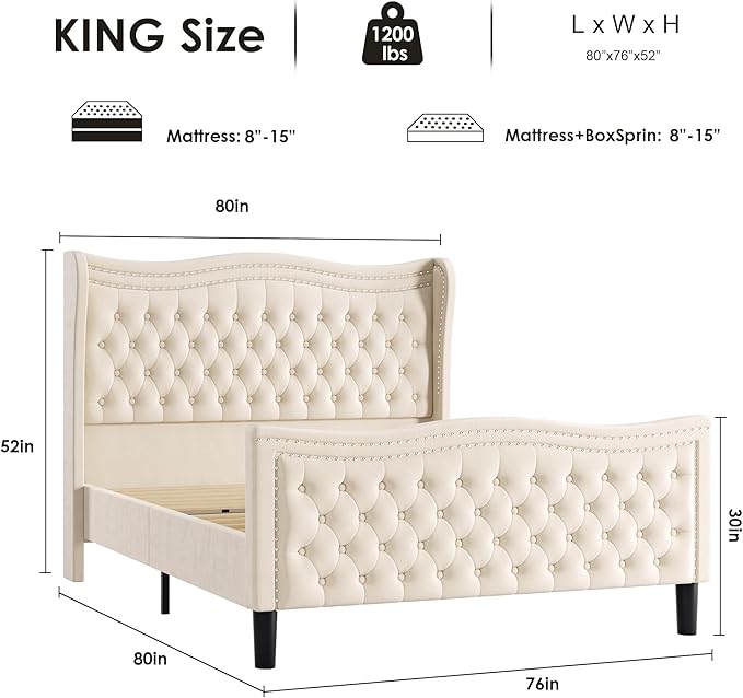 King Bed Frame with Tall Headboard & Footboard, Velvet Upholstered Platform Bed Frame with Deep Button Tufted Wingback, No Box Spring Needed, Noise Free, Beige