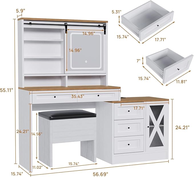 ALBAD Vanity Desk with Mirror and Lights Farmhouse Makeup Vanity Desk with Sliding Mirror and Vanity Stool Set Rustic Vanity Dresser with Organization and Storage Drawers and Charging Station White