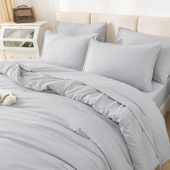 Litanika Queen Comforter Set Light Grey - 7 Pieces Bed in a Bag Queen Bedding Comforter Sets, Solid Lightweight Bed Set with Comforter, Sheets, Pillowcases & Shams