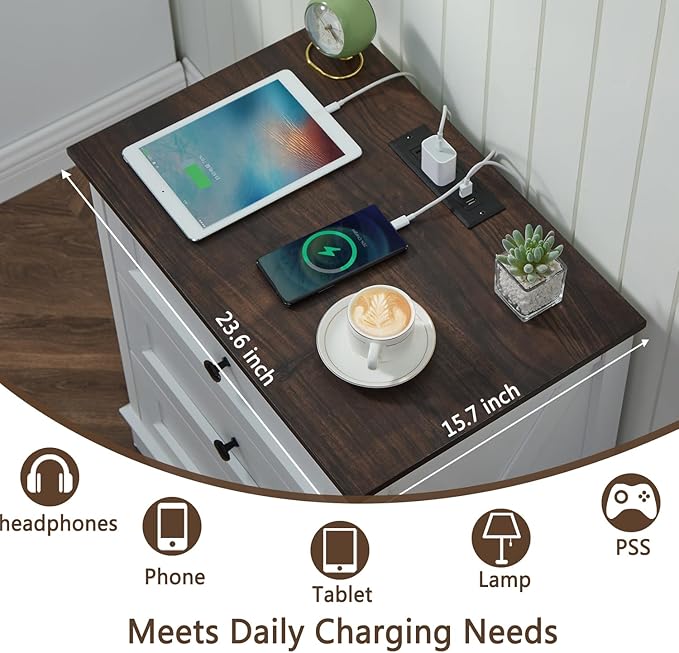 Farmhouse 3 Drawers Dresser for Bedroom, Rustic Small Chest of Drawers with Charging Station, Wood Closet Organizers, White Modern Tall Nightstand/End Table for Bedroom, Living Room, Entryway