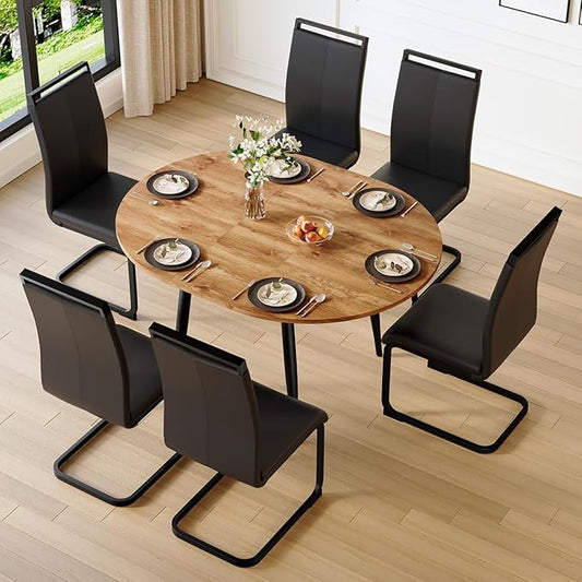 42"-54" Extendable Dining Table Set for 6, Oval Dining Table Set for 6, 0.73" Thick Wood Tabletop with Smooth Edge, Black Metal Leg with Non-Slip Footmat, 6 Soft PU Chairs, for Kitchen, Small Space