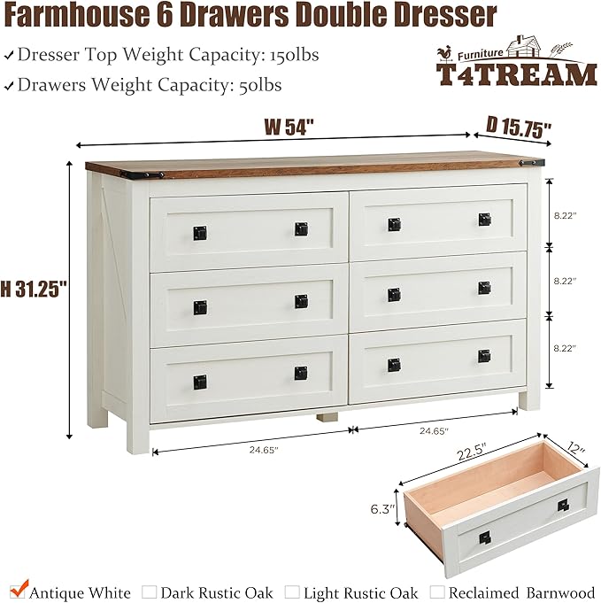 T4TREAM Farmhouse 6 Drawers Dresser for Bedroom, Wood Rustic Wide Chest of Drawers, Storage Dressers Organizer for Bedroom, Living Room, Hallway, Antique White
