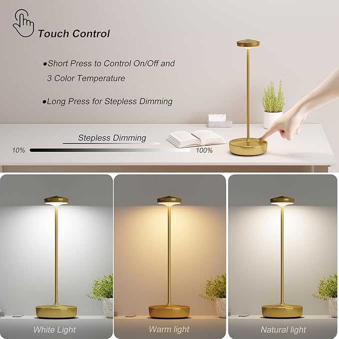 Cordless Table Lamp Rechargeable - LED Battery Table Light with 3 Color Temperatures, Stepless Dimming, Waterproof Aluminum for Indoor Outdoor, Patio, Restaurant, Dinner (Brushed Gold)