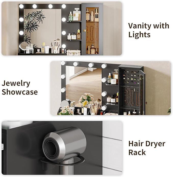 Vanity Desk with Mirror and Lights, Black Makeup Vanity with 5 Drawers Hidden Jewelry Organizer& LED Glass Cabinet,3 Light Mode and Brightness Adjusted,Vanity Mirror with Lights Desk and Chair