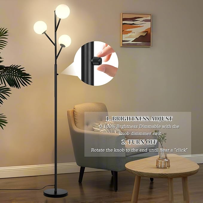 3-Globe Mid Century Modern Floor Lamp and Bulbs Included,70inch Tall Black Stand Lamp with Frosted Glass Shade for Living Room Office Bedroom, Study Room, Hotel, Dimmer Lighting (dimmer-Black)