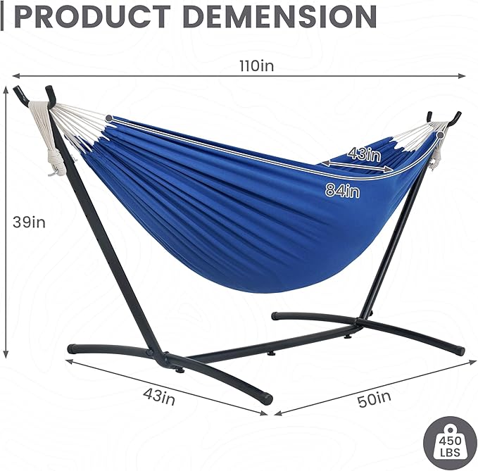 Lazy Daze Hammocks Double Hammock with 9ft Space-Saving Steel Stand Includes Portable Carrying Case, 450 Pounds Capacity (Dark Blue)