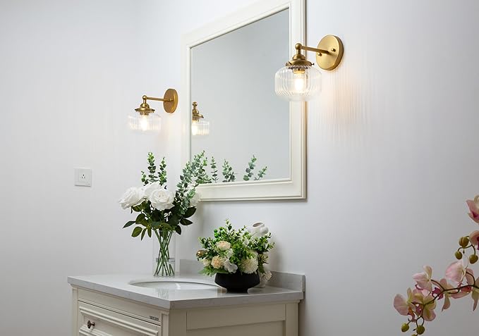 Yosoan Brass 1-Light Indoor Modern Wall Sconce, Vanity Boho Modern Gold Single Vintage Industrial Wall Mount Fixture with Striped Glass Shade for Bathroom Kitchen Mirror Bedroom Dinning Room(Antique)