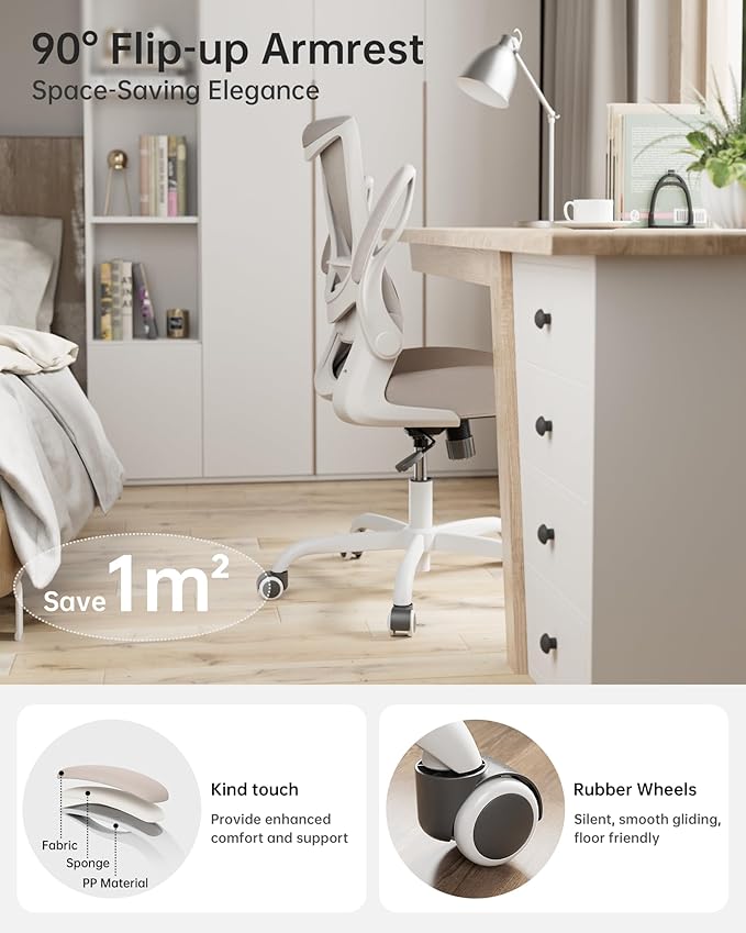 Office Chair, Ergonomic Desk Chair with Adjustable Lumbar Support and Flip up Armrest, Breathable Mesh Computer Chair for Home Office, Khaki