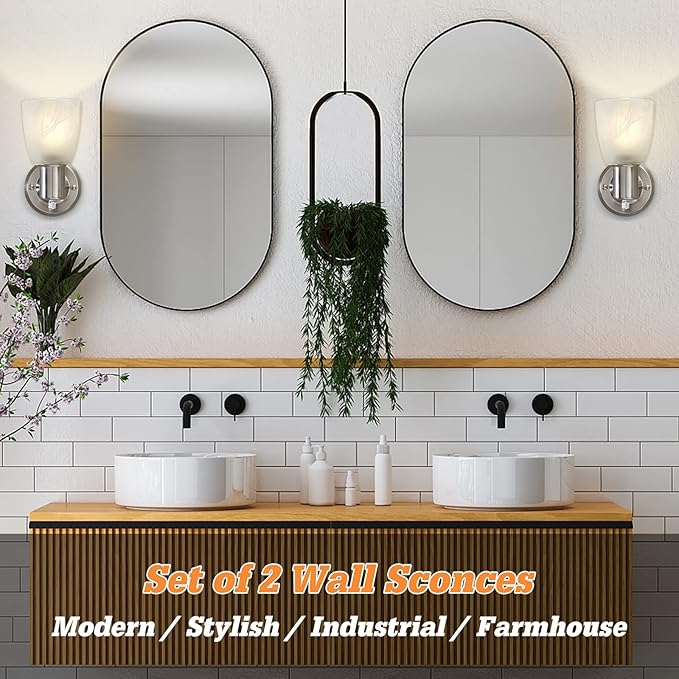 Wall Sconces Set of 2, Brushed Nickel Vanity Lights for Bathroom, Modern Wall Light Fixtures with Rotary Switch, Wall Mount Light with Frosted Glass, Farmhouse Wall Lamp for Bedroom Living Room