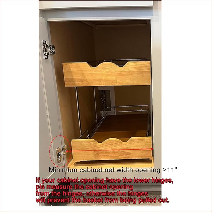 DINDON 2 Tier Pull Out Cabinet Organizer (11" W x 21" D) Slide Out Wood Shelf Organizers Double Tier Kitchen Wire Basket with Chrome Finish…