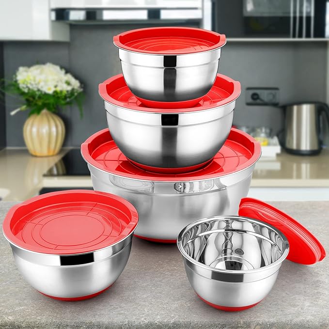 P&P CHEF Mixing Bowls with Lids Set of 5, Stainless Steel Nesting Salad Bowl with Lid & Base for Non-slip Mixing Prepping Storing Serving, 5 Sizes-7/3.5/2.5/1.5/1 QT, Red