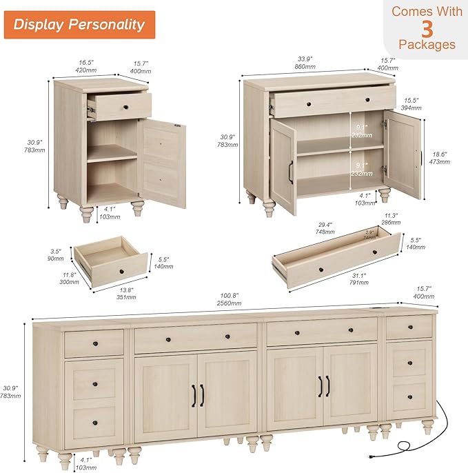 WAMPAT Farmhouse TV Stand for 100 Inch TV, 4-in-1 TV Console Table for 75/80/85/90 Inch TV, Entertainment Center with Charging Station, Kitchen Sideboard Buffet Cabinet for Dining Room, Light Oak