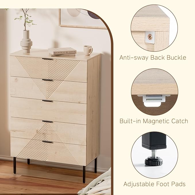 5 Drawer Dresser for Bedroom, Fluted Tall Dresser for Closet, Wooden Chest of Drawers for Living Room, Hallway