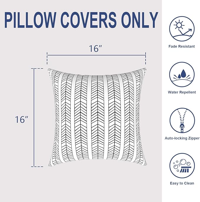 Outdoor/Indoor Throw Pillow Covers Set of 2, All Weather Square Pillow Cases 16x16 Inch, Patio Cushion Pillow of Home Furniture Use, HerringboneWhite