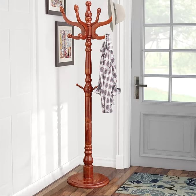 Wooden Coat Rack, Heavy Duty Coat Rack Freestanding with 11 Smooth Hooks, Coat Tree, Vintage Clothes Hanger Stand with Stable Disc Base for Bedroom, Entryway, Office-Load 180lbs (Light Brown)