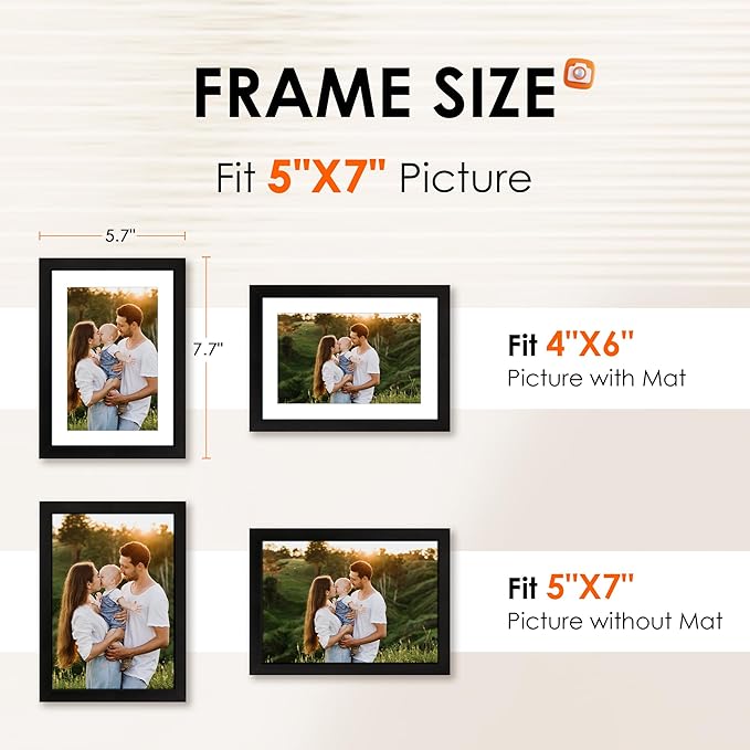 FIXSMITH 5x7 Picture Frame Set of 10, Photo Frame Bulk with HD Plexiglass, Display Pictures 4x6 with Mat or 5x7 Without Mat Multi Picture Frames Collage for Tabletop or Wall Display, Black