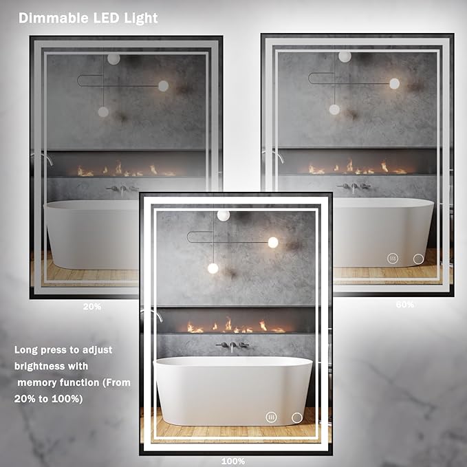30" x 22" LED Bathroom Mirror with Lights Framed LED Mirror for Bathroom Backlit and Front Lighted Bathroom Mirror Black Square Aluminum Frame Anti-Fog Dimmable Adjustable Shatter-Proof