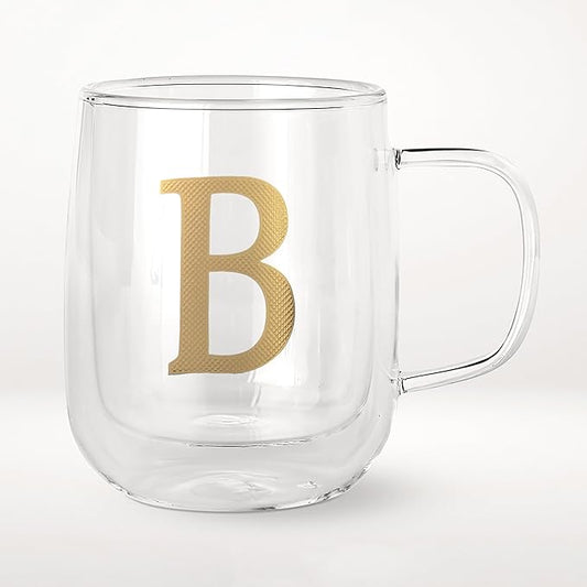 COLLECTIVE HOME - Double Walled Glass Coffee Mugs, Insulated Coffee Mug with Handle, Personalized Gifts for Women, Men, Christmas, 14 oz Monogram Cups (B)