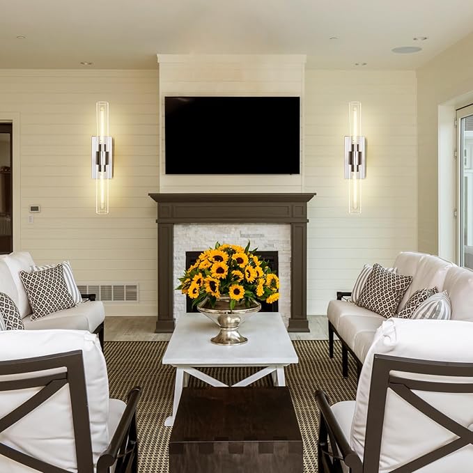 Bathroom Vanity Light Fixtures, Glass Tube Wall Sconces Set of 2, Nickel coloured base, Bathroom Wall Lights, Bedroom Bedside Wall Light, Wall Lamp For Dressing Table, Living Room, And Hallway