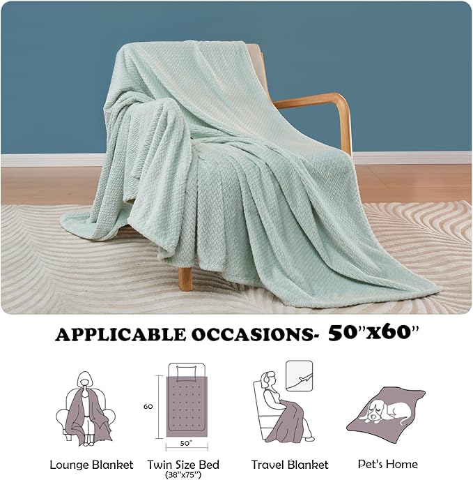 NEWCOSPLAY Super Soft Throw Blanket Mint Premium Silky Flannel Fleece Leaves Pattern Lightweight Bed Blanket All Season Use (Mint, Throw(50"x60"))