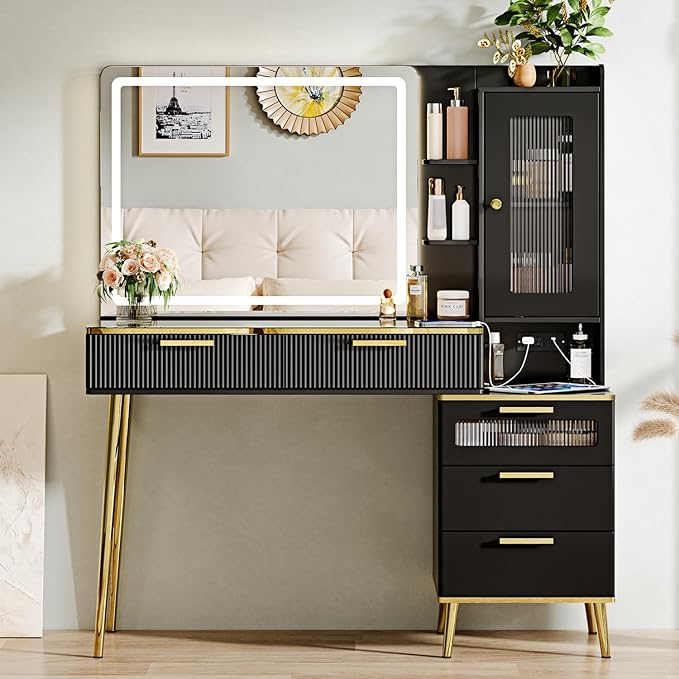 Vanity Desk with 29.53" HD Lighted Mirror, 47.24" Big Modern Vanity Desk with Mirror and Lights, Makeup Vanity with 5 Drawers and Storage Shelves and Charging Station, Black