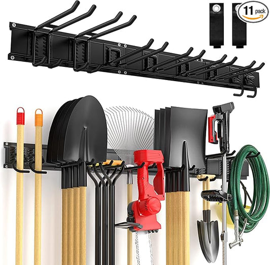 Garage Tool Organizer Wall Mount 11 PCS Garden Tool Organizer Adjustable Garage Organizers with 8 Heavy Duty Hooks, Max Load 500lbs Garage Storage for Yard Garden Tools, Shovels, Trimmers, Hoses