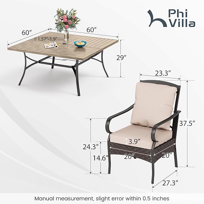 PHI VILLA 9 PCS Outdoor Dining Sets, 60x60 All-Weather Patio Table and Chairs Set for 8, Heavy Duty Patio Table Set Square for Deck, 8 Extra Large Outdoor Stationary Dining Chairs with Thick Cushions
