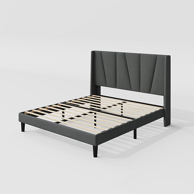Allewie Full Size Platform Bed Frame with Geometric Wingback Headboard, Modern Upholstered Bed with Wooden Slats Support, No Box Spring Needed, Easy Assembly, Dark Grey
