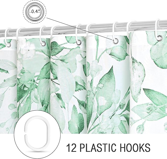 Gibelle Extra Long Shower Curtain 72 x 84, Tall Mint Green Floral Shower Curtain for Bathroom, Watercolor Plant Eucalyptus Leaves Fabric Shower Curtain Set with Hooks