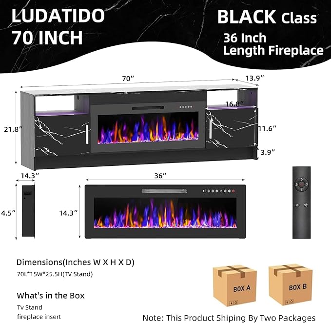 Ludatido 70 Inch TV Stand with 36 inch Electric Fireplace 27 LED Light Entertainment Center for TVs Up to 80" Black Modern Wood Media TV Console with Highlight Cabinet for Living Room Black Marbling