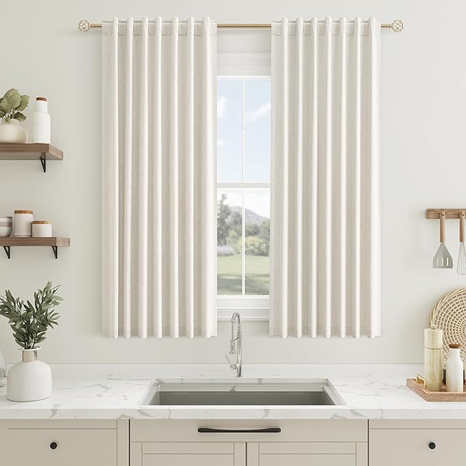 Guken 100% Blackout Linen Curtains 52 Inch Wide by 56 Inch 2 Panels Set for Kitchen Small Windows Back Tab Thermal Insulated Black Out Linen Drapes Room Darkening Curtains, Natural