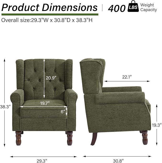 Accent Chair, Upholstered Armchair with Button Tufted High Back & Solid Wood Legs, Comfy Wingback Reading Single Sofa Chair for Small Spaces, Living Room, Bedroom (Green, Set of 1)