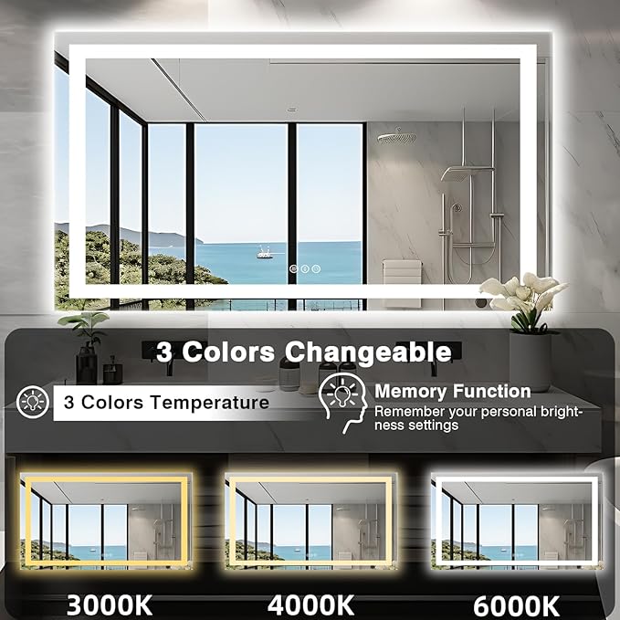 60"x36" LED Mirror for Bathroom, Front and Backlit, Anti-Fog Bathroom Mirror with Lights, Stepless Dimmable Lighted Mirror, 3 Colors Smart Mirror (Horizontal/Vertical)