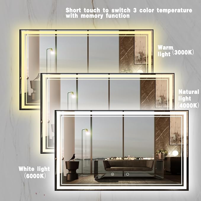 60" x 36" LED Bathroom Mirror with Lights Framed LED Mirror for Bathroom Backlit and Front Lighted Bathroom Mirror Black Square Aluminum Frame Anti-Fog Dimmable Adjustable Shatter-Proof