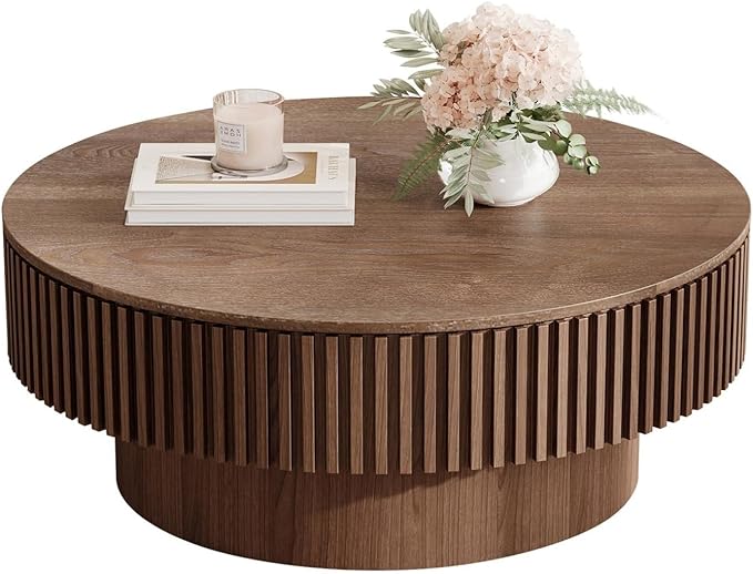 Round Coffee Table for Living Room, Accent Fluted Drum Coffee Table with Storage, Modern Solid Wood Veneered Circle Center Tea Table for Small Space Apartment (39.4''D×14''H-Walnut)